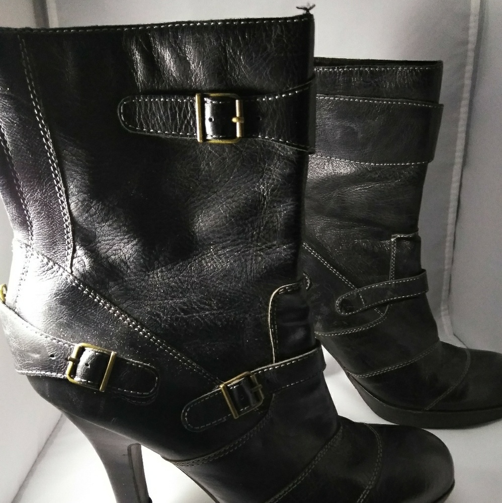 Black leather high heeled boots